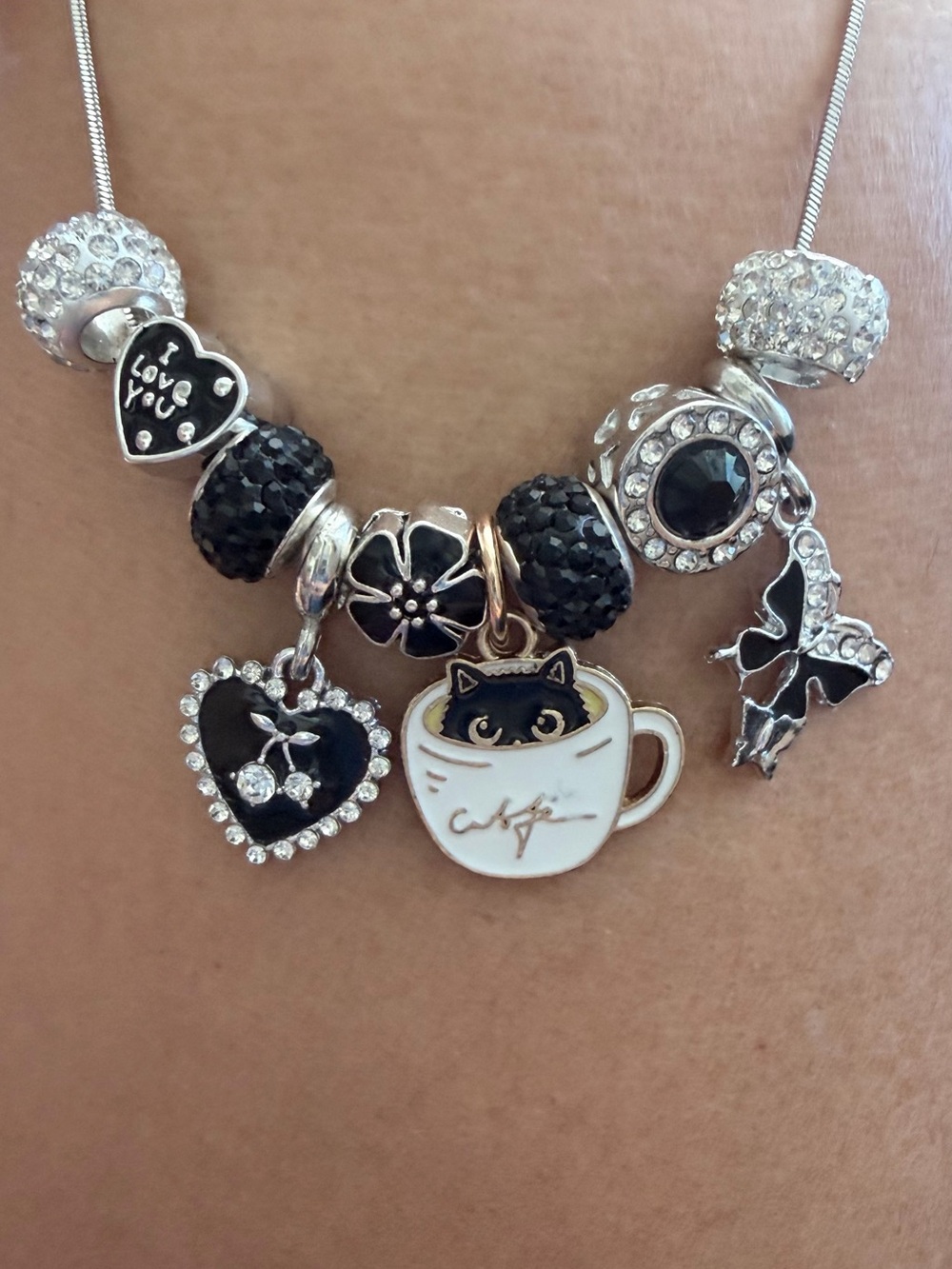 New One of a Kind Charm Necklace Handcrafted with Hearts Bows Cats in Mugs Oh My